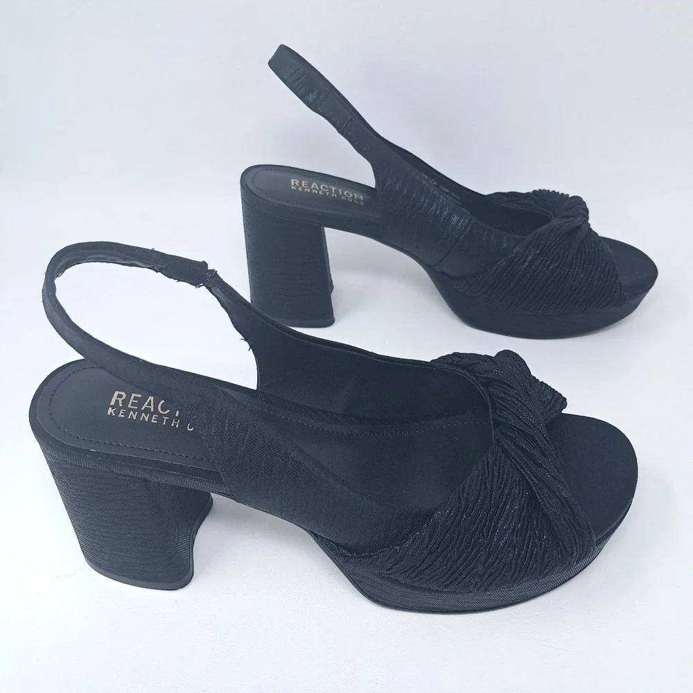 Reaction Kenneth Cole Rylee Twisted Fabric Platform Black Slingback Heels Size 8